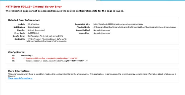 Internal Server Error OneStream XF
